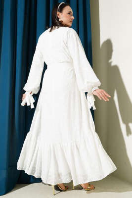 Sim Puantiyeli Volanlı Kuşaklı Elbise Beyaz - Tesettür Elbise