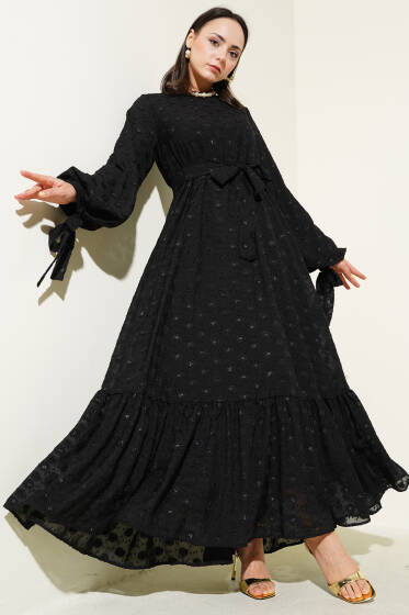 Sim Puantiyeli Volanlı Kuşaklı Elbise Siyah - Elbise