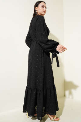 Sim Puantiyeli Volanlı Kuşaklı Elbise Siyah - Tesettür Elbise