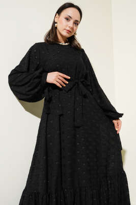 Sim Puantiyeli Volanlı Kuşaklı Elbise Siyah - Tesettür Elbise