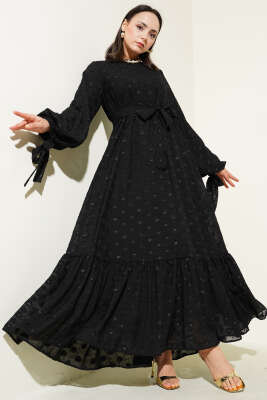 Sim Puantiyeli Volanlı Kuşaklı Elbise Siyah 