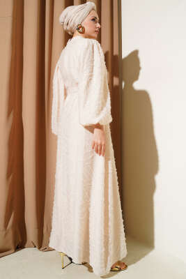 Sim Sakallı Balon Kol Kuşaklı Elbise Bej - Tesettür Elbise