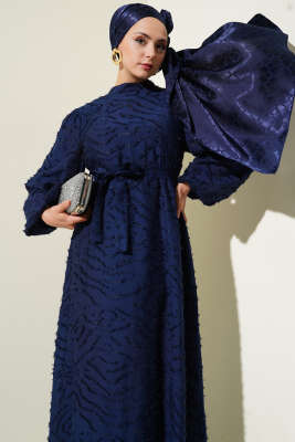 Sim Sakallı Balon Kol Kuşaklı Elbise Lacivert - Tesettür Elbise