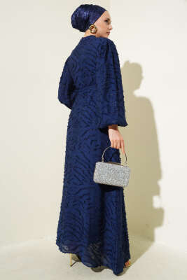 Sim Sakallı Balon Kol Kuşaklı Elbise Lacivert - Tesettür Elbise