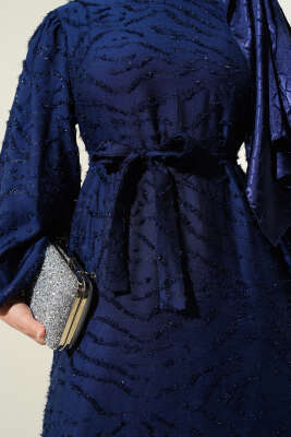 Sim Sakallı Balon Kol Kuşaklı Elbise Lacivert - Tesettür Elbise