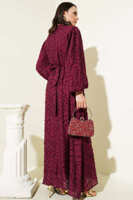 Sim Sakallı Balon Kol Kuşaklı Elbise Mürdüm - Tesettür Elbise