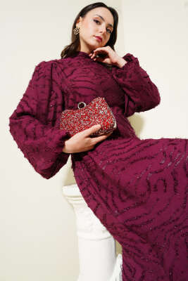 Sim Sakallı Balon Kol Kuşaklı Elbise Mürdüm - Tesettür Elbise