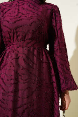 Sim Sakallı Balon Kol Kuşaklı Elbise Mürdüm - Tesettür Elbise