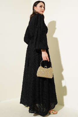 Sim Sakallı Balon Kol Kuşaklı Elbise Siyah - Tesettür Elbise