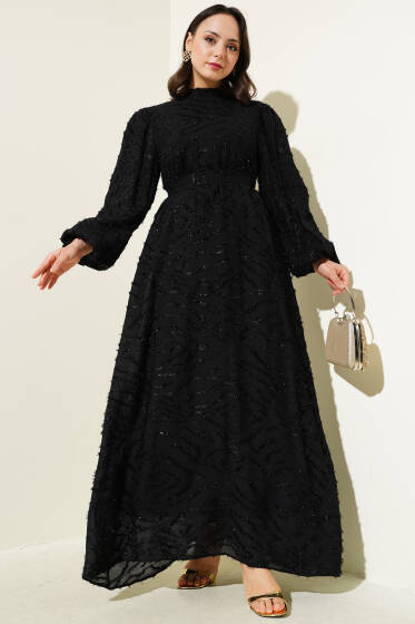 Sim Sakallı Balon Kol Kuşaklı Elbise Siyah - Tesettür Elbise