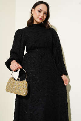 Sim Sakallı Balon Kol Kuşaklı Elbise Siyah - Tesettür Elbise