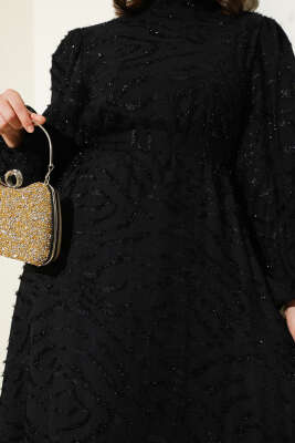 Sim Sakallı Balon Kol Kuşaklı Elbise Siyah - Tesettür Elbise