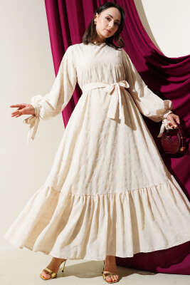 Sim Sakallı Bilek Bağcıklı Elbise Bej