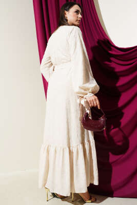 Sim Sakallı Bilek Bağcıklı Elbise Bej - Tesettür Elbise