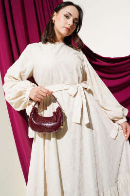 Sim Sakallı Bilek Bağcıklı Elbise Bej - Tesettür Elbise