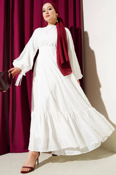 Sim Sakallı Bilek Bağcıklı Elbise Beyaz - Elbise