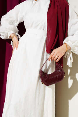 Sim Sakallı Bilek Bağcıklı Elbise Beyaz - Tesettür Elbise