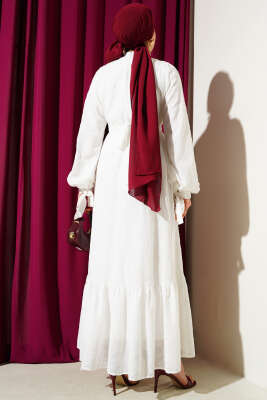 Sim Sakallı Bilek Bağcıklı Elbise Beyaz - Tesettür Elbise