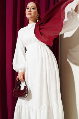 Sim Sakallı Bilek Bağcıklı Elbise Beyaz - Tesettür Elbise