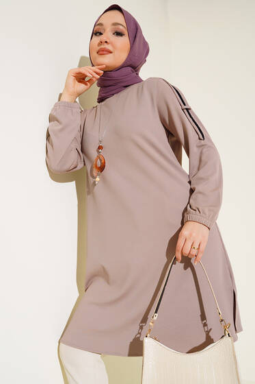 Sim Şeritli Kolyeli Tunik Bej - Tunik