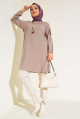Sim Şeritli Kolyeli Tunik Bej - Tunik