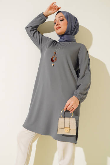 Sim Şeritli Kolyeli Tunik Gri - Tunik