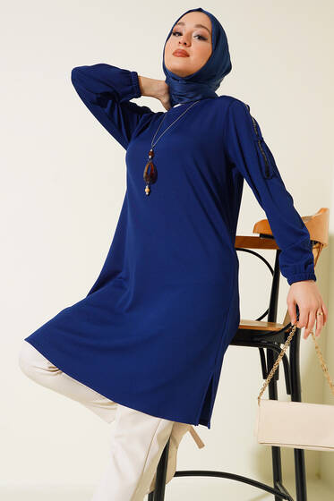 Sim Şeritli Kolyeli Tunik Lacivert - Tunik