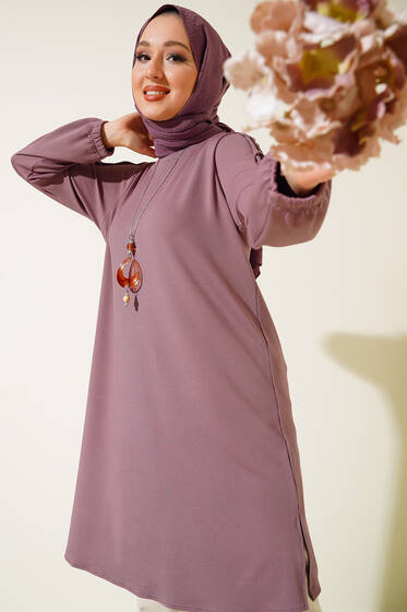 Sim Şeritli Kolyeli Tunik Pudra - Tunik