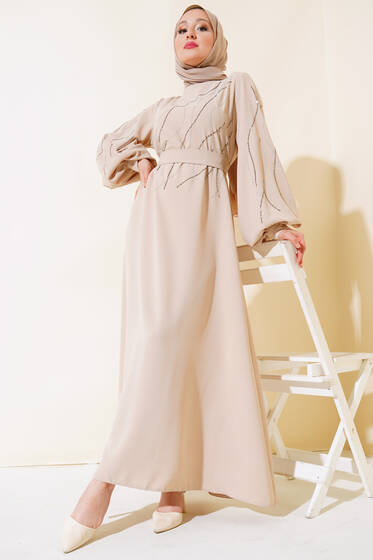 Sim Taşlı Elbise Bej - Tesettür Elbise