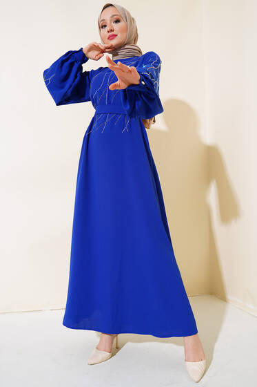 Sim Taşlı Elbise Saks - Tesettür Elbise