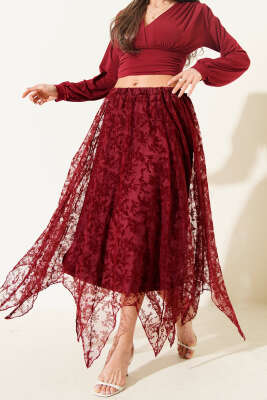 Simetrik Kesim Tül Etek Bordo - Kadın Giyim Modelleri