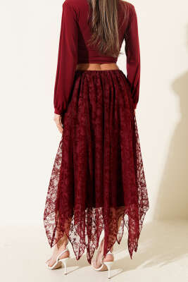 Simetrik Kesim Tül Etek Bordo - Kadın Giyim Modelleri