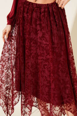 Simetrik Kesim Tül Etek Bordo - Kadın Giyim Modelleri