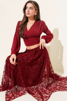 Simetrik Kesim Tül Etek Bordo - VAV TEKSTİL