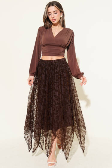 Simetrik Kesim Tül Etek Kahve - Kadın Giyim Modelleri