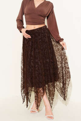 Simetrik Kesim Tül Etek Kahve - Kadın Giyim Modelleri