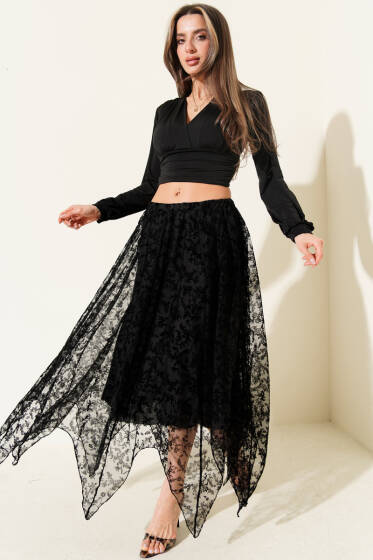 Simetrik Kesim Tül Etek Siyah - Kadın Giyim Modelleri