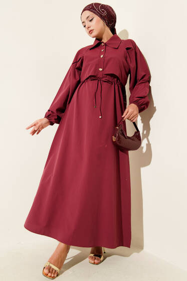 Simetrik Yarım Düğmeli Elbise Bordo - Elbise
