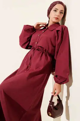 Simetrik Yarım Düğmeli Elbise Bordo - Tesettür Elbise
