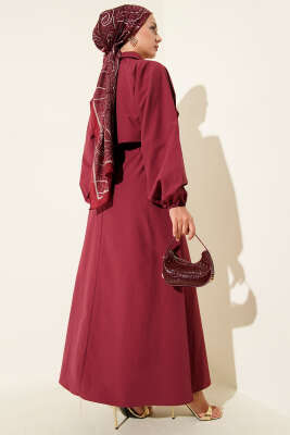 Simetrik Yarım Düğmeli Elbise Bordo - Tesettür Elbise