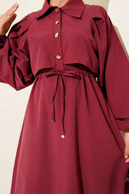 Simetrik Yarım Düğmeli Elbise Bordo - Tesettür Elbise