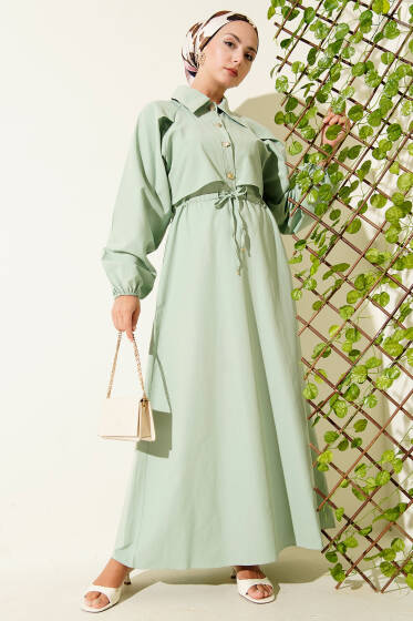 Simetrik Yarım Düğmeli Elbise Çağla Yeşili - Elbise