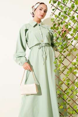 Simetrik Yarım Düğmeli Elbise Çağla Yeşili - Tesettür Elbise