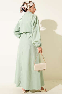 Simetrik Yarım Düğmeli Elbise Çağla Yeşili - Tesettür Elbise