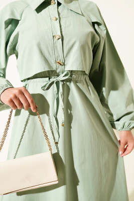 Simetrik Yarım Düğmeli Elbise Çağla Yeşili - Tesettür Elbise