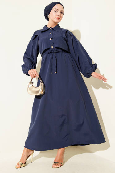 Simetrik Yarım Düğmeli Elbise Lacivert - Elbise