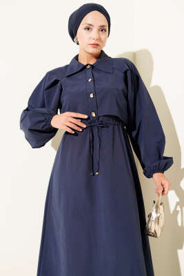 Simetrik Yarım Düğmeli Elbise Lacivert - Tesettür Elbise