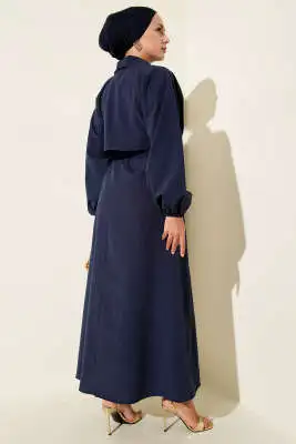 Simetrik Yarım Düğmeli Elbise Lacivert - Tesettür Elbise