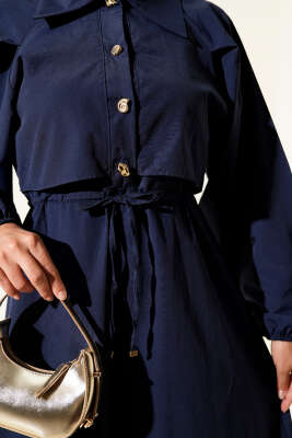 Simetrik Yarım Düğmeli Elbise Lacivert - Tesettür Elbise