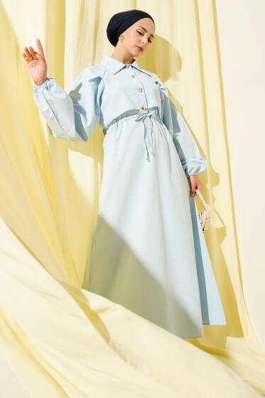 Simetrik Yarım Düğmeli Elbise Mavi - Elbise